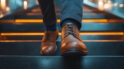 Fototapeta premium Closeup of determined businessmans feet ascending a steep staircase