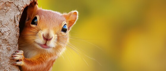  A red squirrel peeks from a tree hole, gazing at the camera
