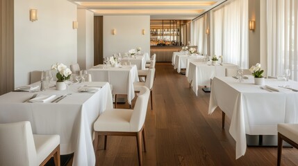 Obraz premium Elegant Dining Room Ambiance with Impeccably Set Tables in Upscale Restaurant - Luxurious White Decor and Minimalist Design for Fine Dining Experience