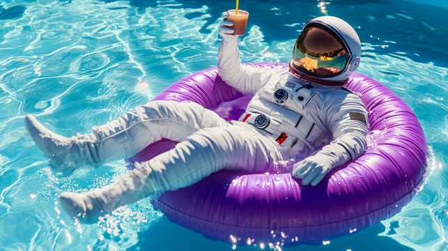 An astronaut in a spacesuit lounges on a purple pool float, holding a tropical drink, combining space and summer relaxation vibes