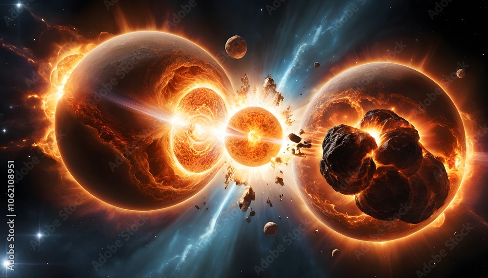 Poster two large glowing objects colliding in a dramatic burst of light, ideal for science fiction or fanta