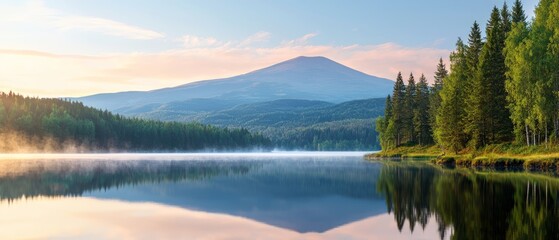 Fototapeta premium A lake nestled among trees, a mountain looms in the backdrop, clouds populate the foreground sky