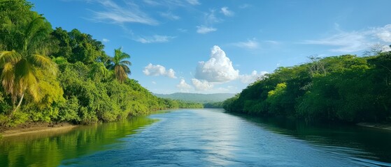 Fototapeta premium Surrounded by lush, green trees, a body of water reflects a blue sky dotted with feathery clouds