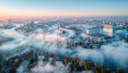 Obraz premium Fog in cities, beautiful natural scene view of fog in the cities with landscape by AI generative.