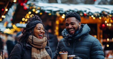 diverse interracial couple having fun at christmas market, drinking hot chocolate or mulled wine, laughing, smiling, surrounded by xmas lights, holiday  season - Powered by Adobe