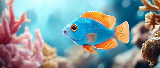 Fototapeta premium A tight shot of a vibrant blue-orange fish swimming near corals in an aquarium Background consists of various coral structures