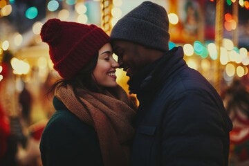 diverse couple sharing a warm romantic embrace in front of a Christmas market carousel, with colorful lights and a subtle bokeh effect, festive xmas lights and holiday season