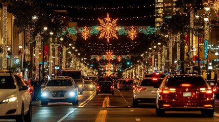 Festive Night Street with Holiday Lights and Decorations