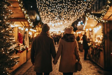 diverse couple warmly dressed, holding hands, walking through a festive Christmas market with twinkling lights and decorated stalls
