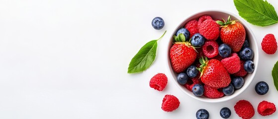 strawberries, blueberries, and raspberries, garnished with their lively green leaves