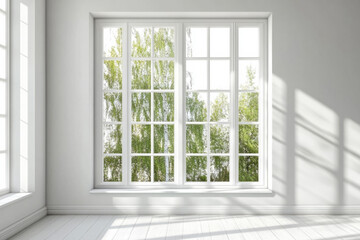 Obraz premium Bright sunlight streaming through large white windows in a minimalist room