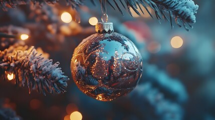 A Stunning Silver Christmas Ornament Hanging on a Pine Tree Branch, Reflecting Warm Holiday Lights in a Beautifully Blurred Bokeh Background

