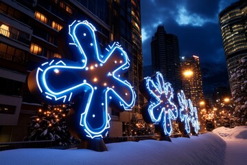 Cyberpunk-inspired flurries of digital snow with neon lights reflecting off each flake, capturing the edgy and futuristic look of a snowy urban landscape, symbolizing intensity and modernity