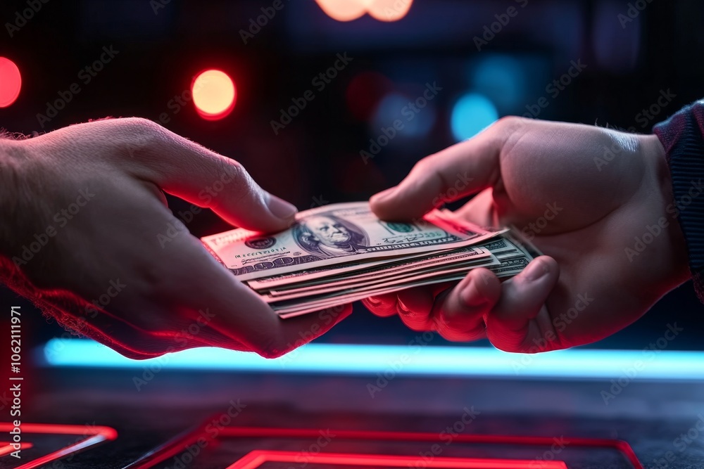 Poster cyberpunk-inspired office setting with neon-lit cash being handed over, capturing the edgy and high-