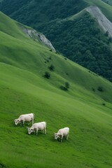 Three cows are grazing on a green hillside. The cows are white and are spread out across the hill. The scene is peaceful and serene, with the cows enjoying the fresh grass and the beautiful landscape