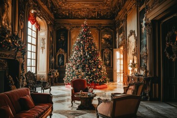 grand room with high ceilings, a massive decorated Christmas tree, and luxurious antique furniture, capturing an old money xmas vibe