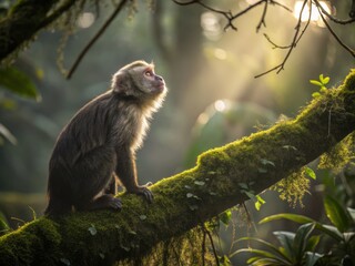 Fototapeta premium Serene Sable Hooded Capuchin Monkey Sitting Gracefully on a Moss-Covered Branch in Nature's Embrace