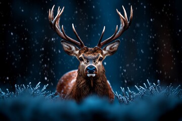 Fototapeta premium Deer standing in a snow-filled forest as gentle flurries fall, capturing the serene and natural beauty of wildlife in winter, symbolizing peace and connection