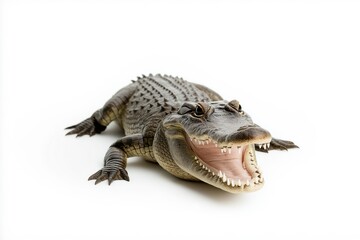 Fototapeta premium A crocodile is laying on its back with its mouth open. The crocodile is looking at the camera