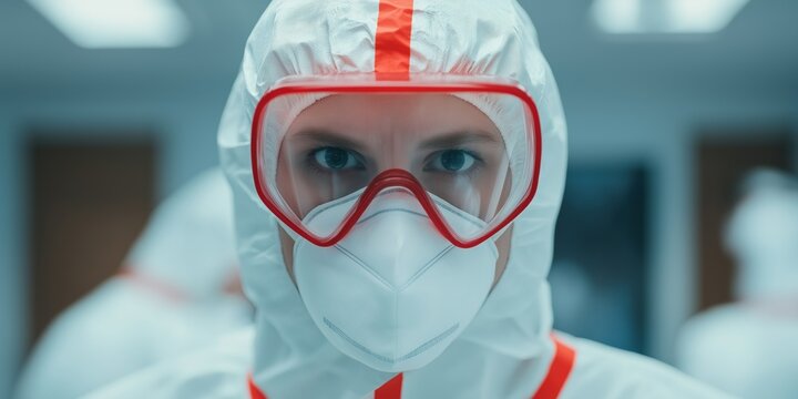A man in a white lab coat and goggles is wearing a mask. He is looking at the camera