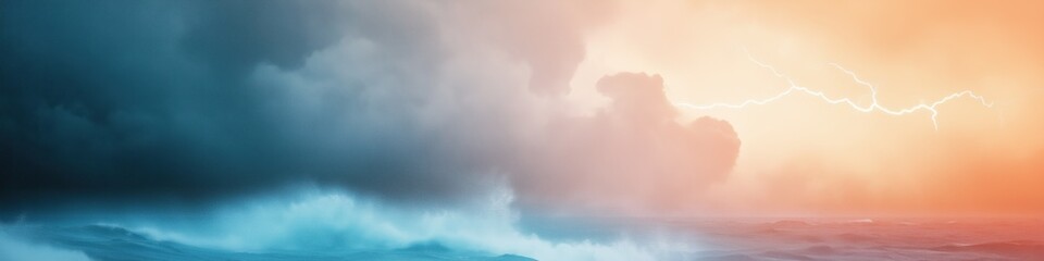 Obraz premium A stormy ocean with a bright orange and blue sky. The sky is filled with lightning and the ocean is rough with waves