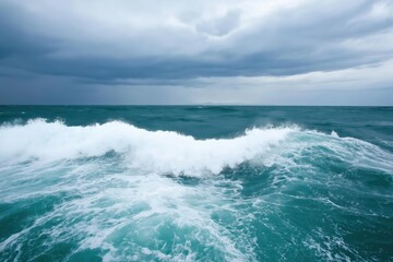 The ocean is rough and choppy, with waves crashing against the shore. The sky is cloudy and overcast, creating a moody atmosphere