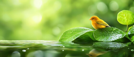  A small yellow bird perches atop a green, leafy plant, surrounded by water droplets on the leaves