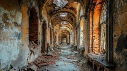 Desolate corridor in a ruined building, debris and decay creating an eerie, atmospheric scene