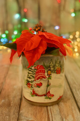 Glass Christmas with Christmas flower - Decoration Christmas Gifts - Wooden floor with colored LED