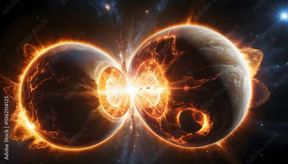 Poster A Stunning Visual of Two Large Glowing Objects Colliding Amidst Explosive Light Bursts: Perfect for Science Fiction and Digital Art Projects
