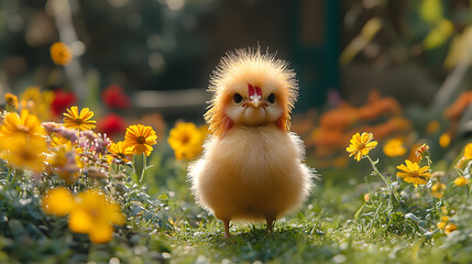 Fluffy Silkie Chicken Enjoying a Sunny Day in a Colorful Garden Full of Beautiful Flowers