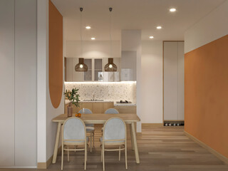 Dining Table Through Kitchen, Interior Modern Opened Kitchen, Eating Area, Plant, Wooden Floor, Chairs, Living, Lamp, Indoor, Coffee, Cozy, Furniture, Cabinet, Apartment, Domestic, Counter, Orange Wal