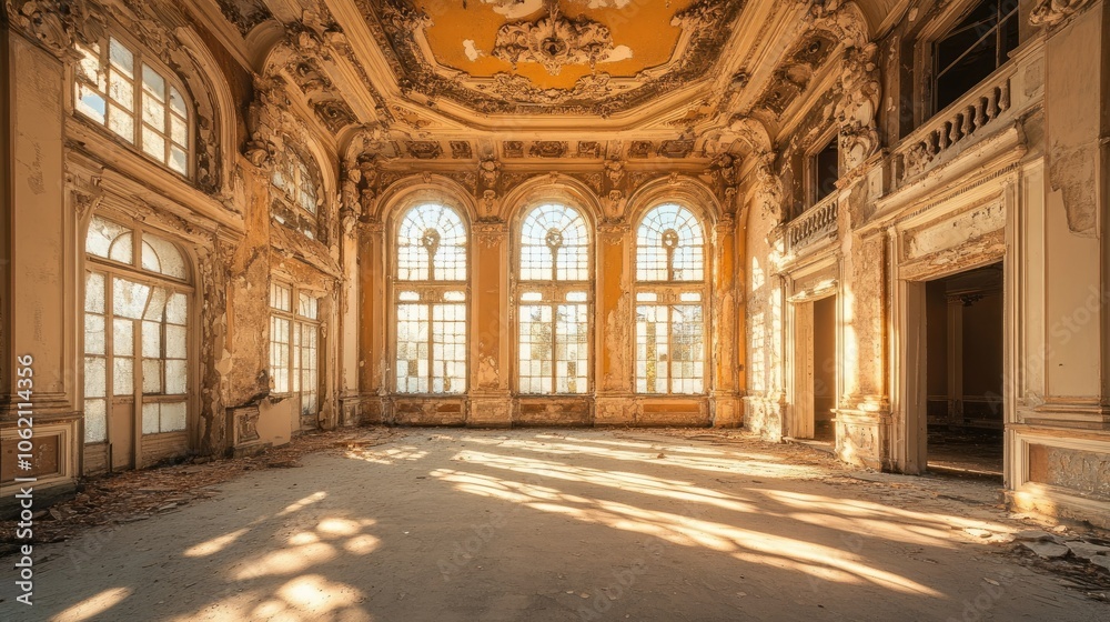 Aufkleber Empty, deteriorating hall in an abandoned building, sunlight filtering through broken windows