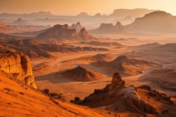 Naklejka premium Surreal Landscape of Sweeping Orange Terrain Under a Clear Sky with Striking Textures and Patterns