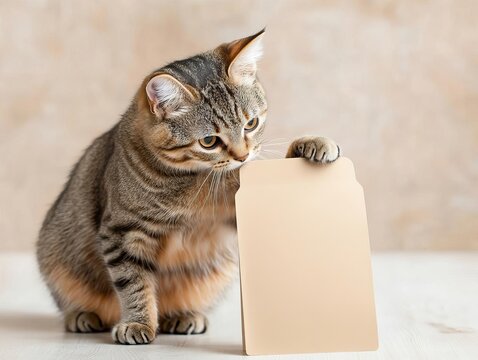 Cute tabby cat touching blank pet food pouch, matte finish, isolated on white, playful, ready for product display