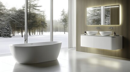 Fototapeta premium A modern bathroom featuring a spacious double sink and a large mirror, with a stylish bathtub positioned at the center of the room.