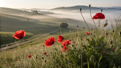 Obraz premium Vibrant Crimson Poppies Emerge from Gentle Morning Mist in a Serene Natural Landscape Setting