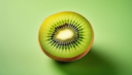 Macro Shot of a Freshly Sliced Kiwi Fruit with Vibrant Green Flesh, Detailed Seed Pattern, and Textured Skin on a Soft Gradient Background. Ideal for Health, Nutrition, and Food Design