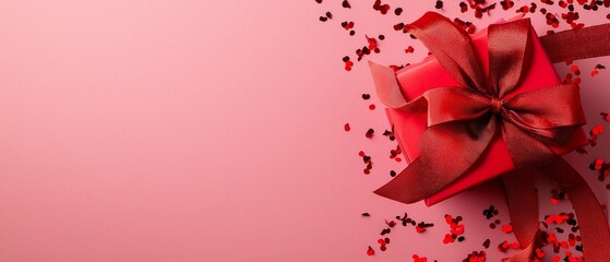  A red gift box with a red bow and scattering of red confetti against a light pink background