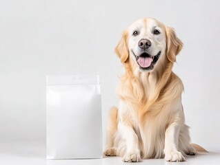 Golden retriever sitting beside blank pet food bag, eco-friendly design, soft lighting, natural background, branding-ready