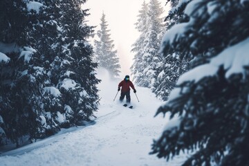 free ride - snowboarder starting down a narrow trail between tall pine trees, snow powder flying up with every turn