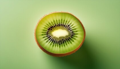 Macro Shot of a Freshly Sliced Kiwi Fruit with Vibrant Green Flesh, Detailed Seed Pattern, and Textured Skin on a Soft Gradient Background. Ideal for Health, Nutrition, and Food Design