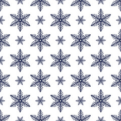 Snowflakes seamless pattern, detailed hand drawn vector line illustration. Graphic outline doodle drawing. Christmas and New Year background for frosty winter design, gift wrapping, packaging, textile