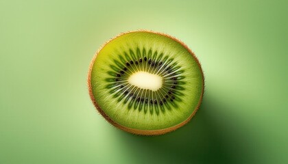 Macro Shot of a Freshly Sliced Kiwi Fruit with Vibrant Green Flesh, Detailed Seed Pattern, and Textured Skin on a Soft Gradient Background. Ideal for Health, Nutrition, and Food Design