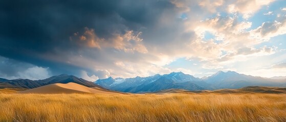 Obraz premium A grassy field lies before a mountain range against a cloud-strewn sky Sunbeams pierce the clouds in the foreground