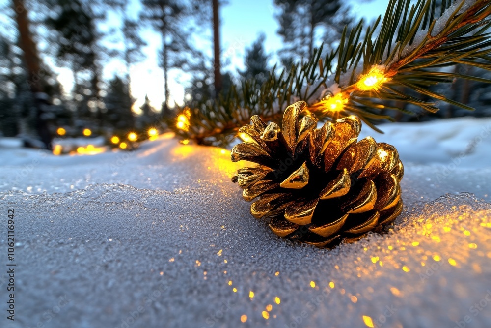 Poster fantasy-inspired scene of enchanted snow flurries with sparkling, magical light surrounding a snowy 