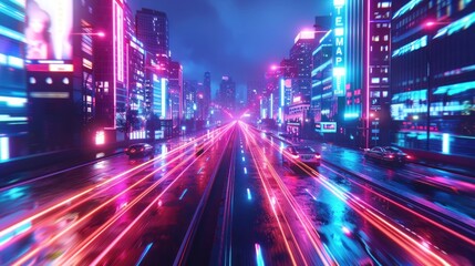 Fototapeta premium A neon-lit city street with advanced transportation systems. The scene is vibrant and futuristic, highlighting urban technology and innovation.