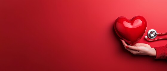  A person in front of a red backdrop, holding a heart-shaped stethoscope and cradling a real red heart