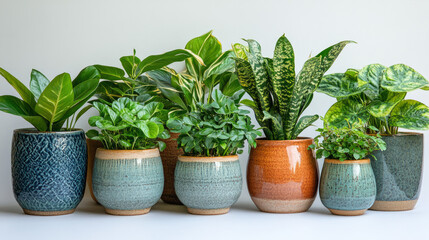 Obraz premium A vibrant arrangement of indoor plants in decorative pots on a clean surface