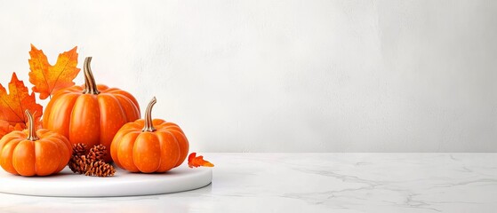  A small pumpkin collection sits atop a white plate on a white marble countertop